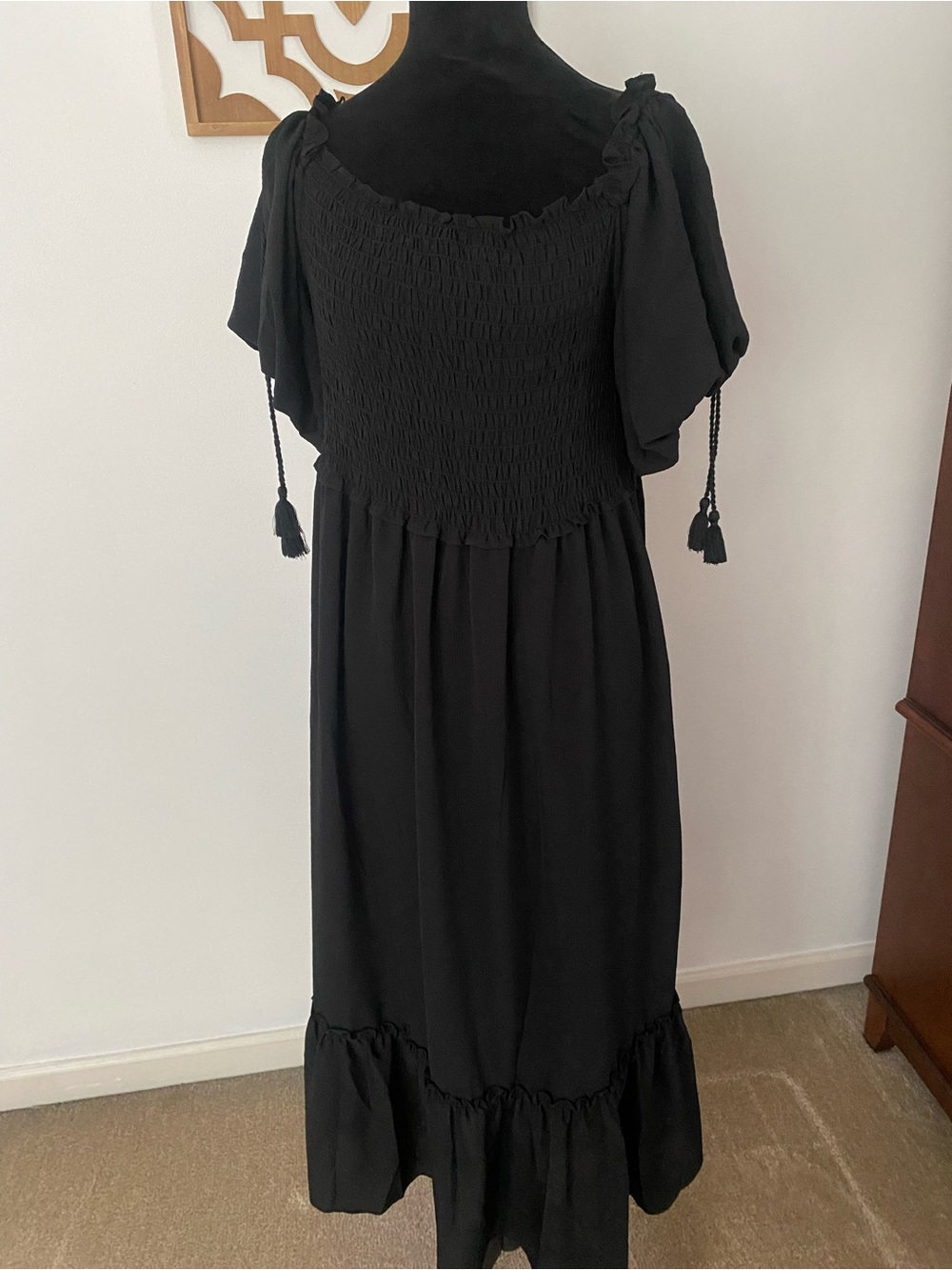 Max Studio Black Smocked Maxi Dress with Tie-Sleeves